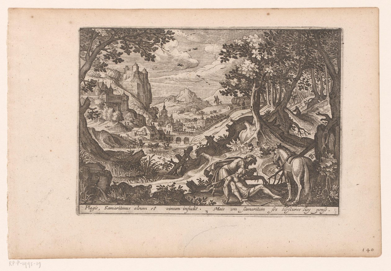 Landskab med historien om den barmhjertige samaritaner: samaritaneren hjælper offeret på sin hest Historien om den barmhjertige samaritaner (serietitel) af Jaspar de Isaac (attributed to)