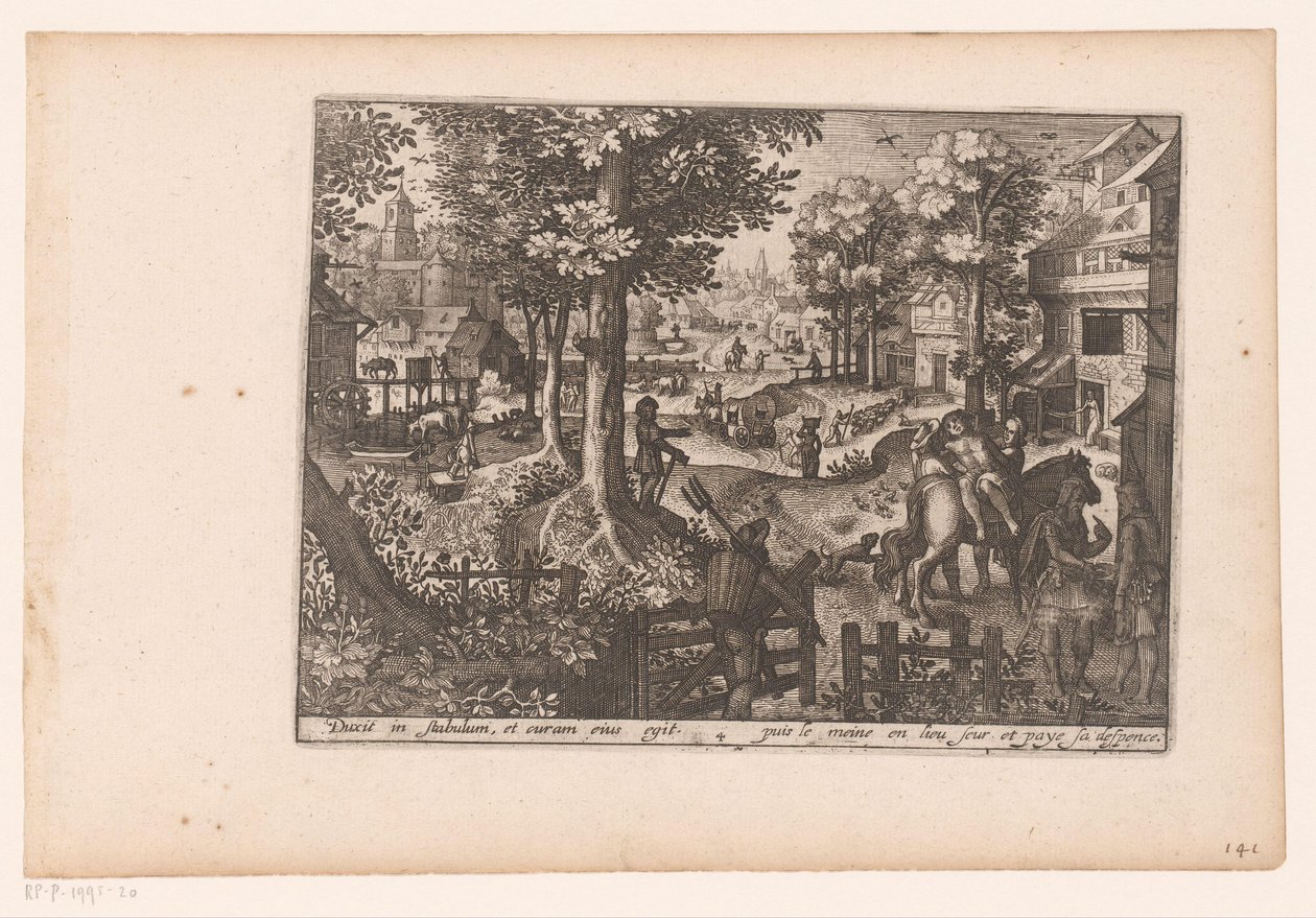 Landskab med historien om den barmhjertige samaritaner: ankomsten til kroen Historien om den barmhjertige samaritaner (serietitel) af Jaspar de Isaac (attributed to)