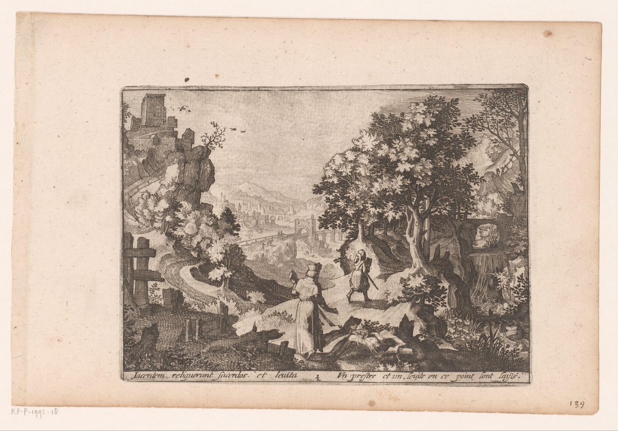 Landskab med historien om den barmhjertige samaritaner: præsten og levitten passerer offeret og efterlader det Historien om den barmhjertige samaritaner (serietitel) af Jaspar de Isaac (attributed to)