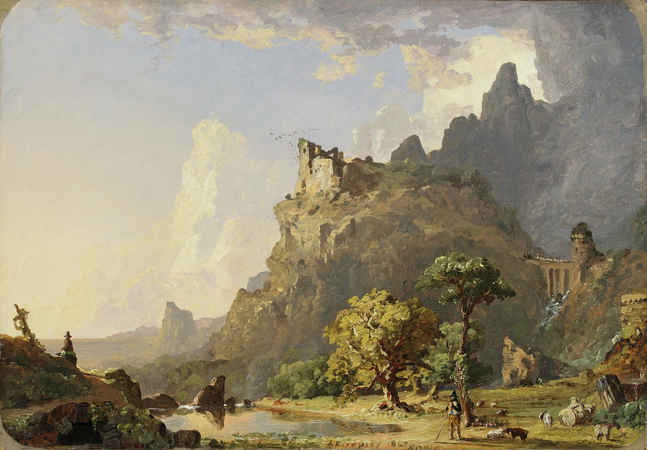 Italiensk landskab nær Rom: Study for Mountain Stream, 1847 (olie på papir, lagt på lærred) af Jasper Francis Cropsey