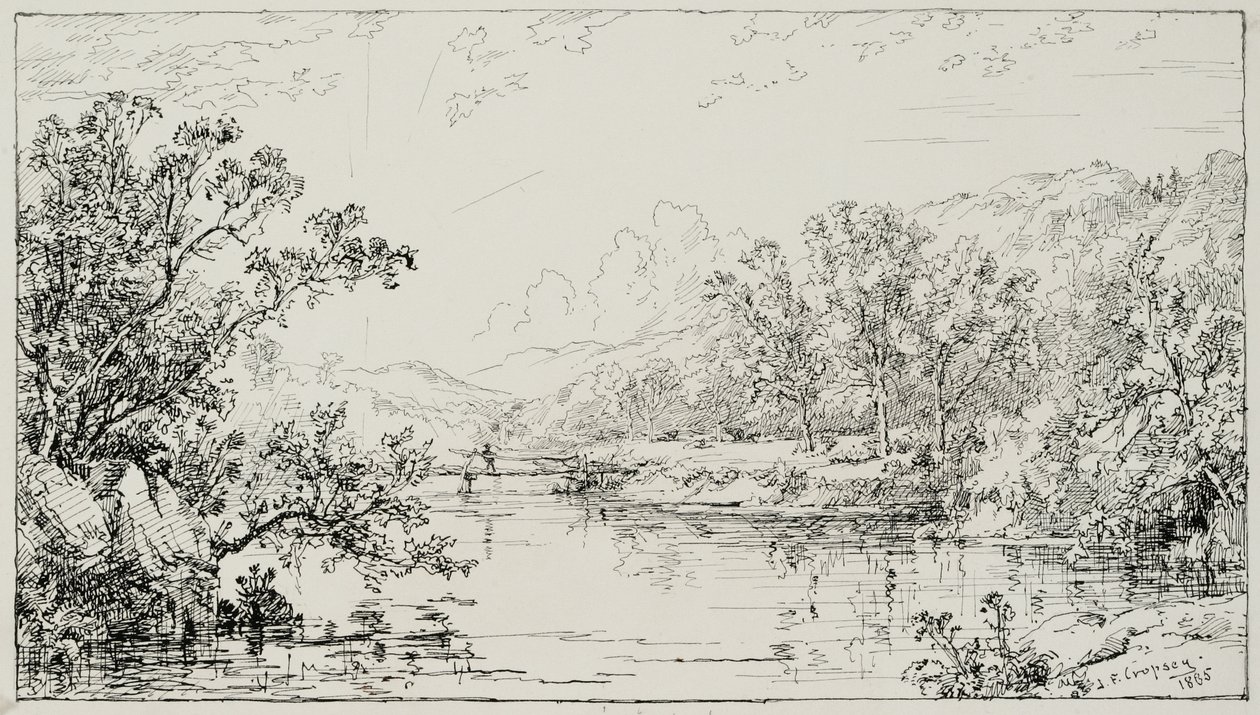 oktober i Ramapo-dalen, 1885 (pen og sort blæk med grafittilsætninger på cremefarvet Bristol-plade) af Jasper Francis Cropsey