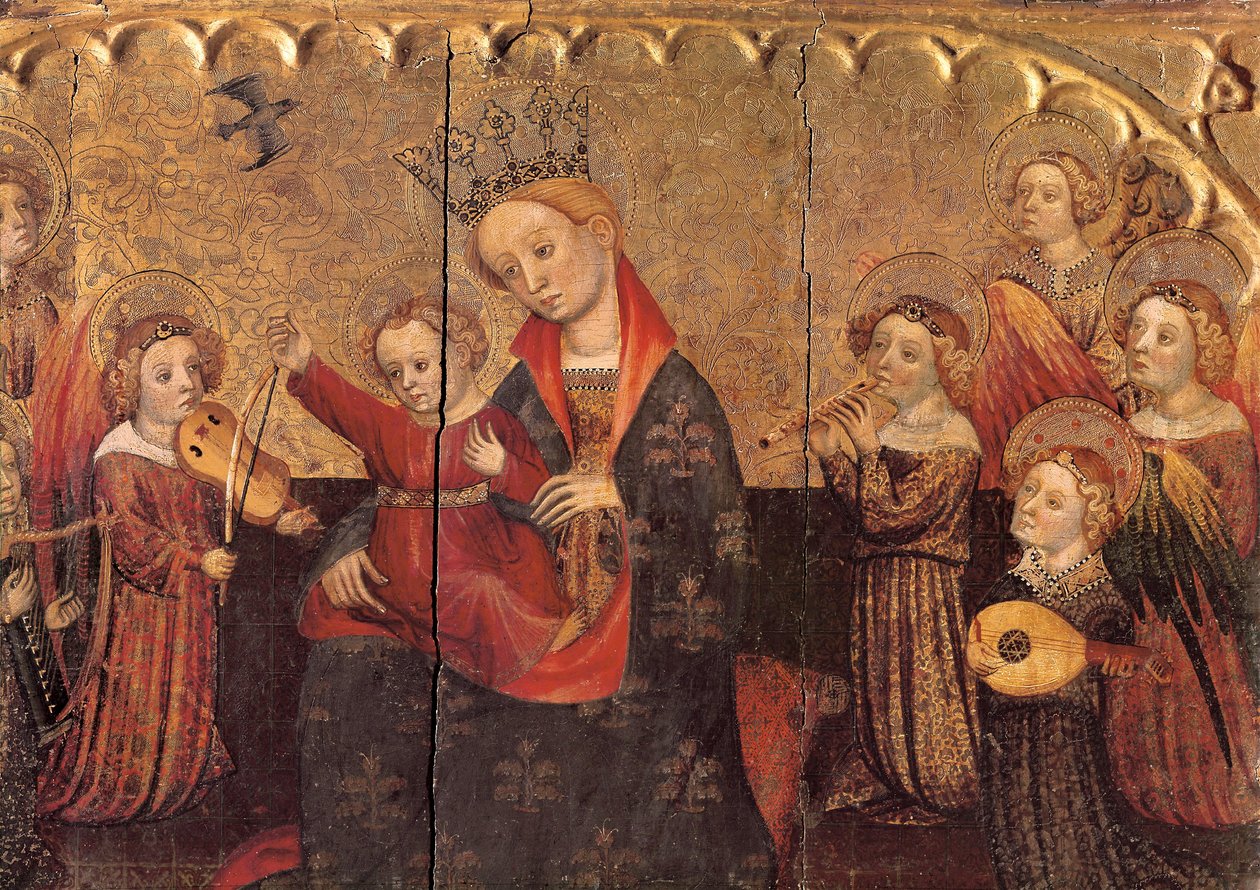 Rum fra en altertavle med Jomfruen og Barnet og englemusikere, tidligt 1400-tal (tempera på træ) af Jaume Cabrera