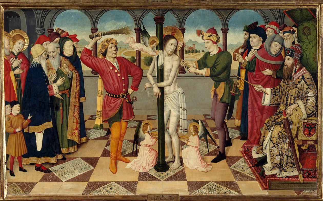 Kristi pisk for Pontius Pilatus. Detrempe på træ af Jaume (= Jaime) Huguet den ældre (1415-1492). Svag. 0,92 x 1,56 m. af Jaume Huguet