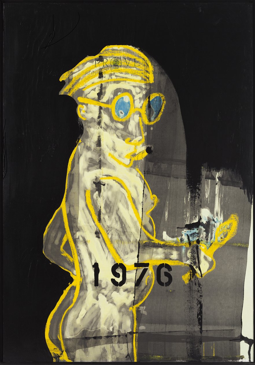 1976, 2012 (mixed media på akvarelpapir monteret på panel med opskrift på bagsiden) af Jay Batlle