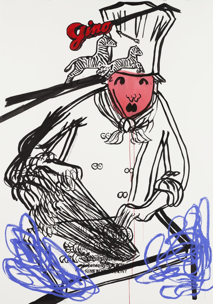 Double Gino, 2015 (mixed media på akvarelpapir monteret på panel med opskrift på bagsiden) af Jay Batlle