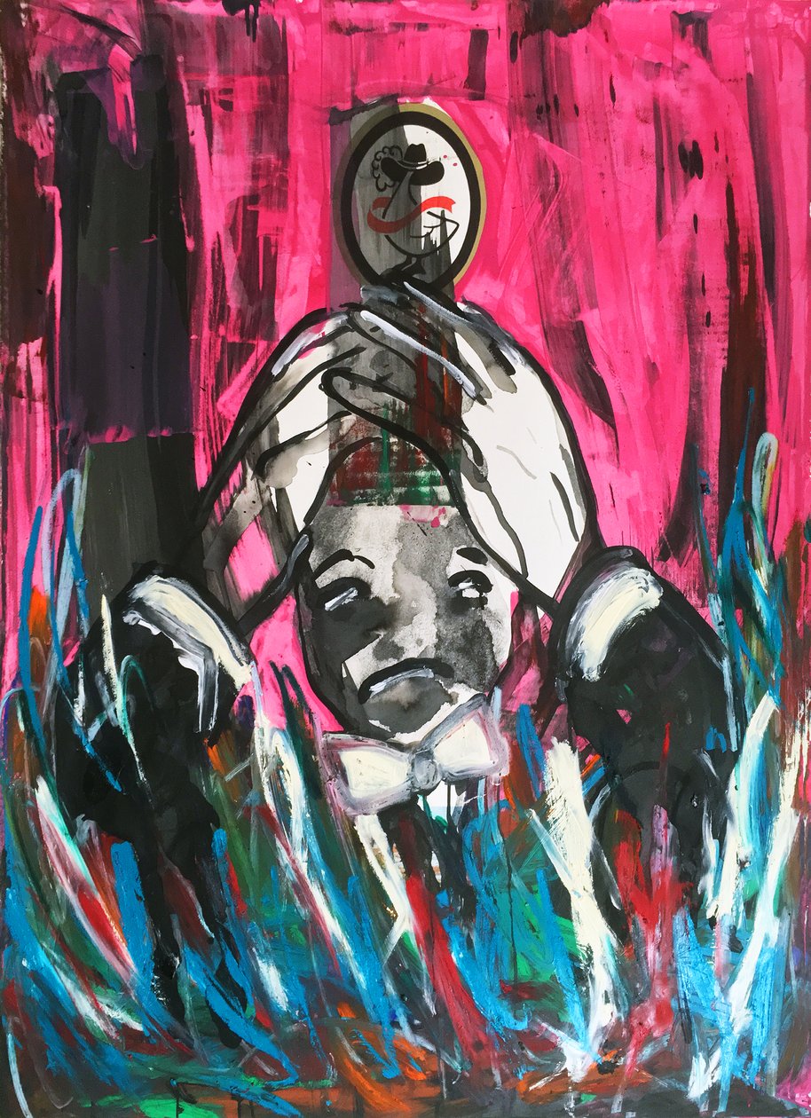 Inconvenieced Millionare, 2017 (mixed media på akvarelpapir monteret på panel med opskrift på bagsiden) af Jay Batlle