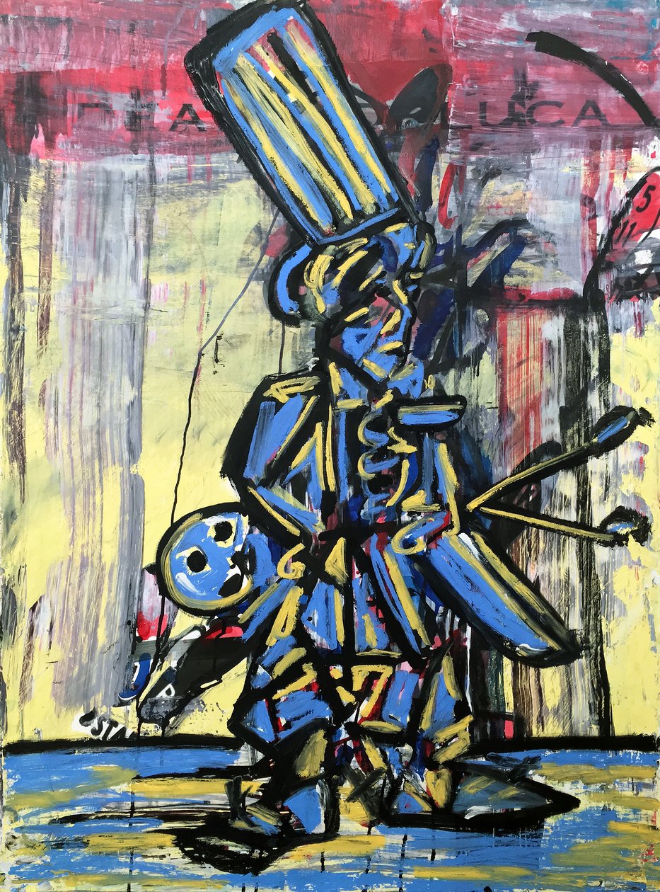 No Coffee In The Afternoon, 2017 (mixed media på akvarelpapir monteret på panel med opskrift på bagsiden) af Jay Batlle