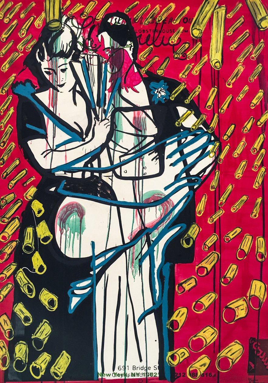 Rigatoni Rain Romance, 2016 (mixed media på akvarelpapir monteret på panel med opskrift på bagsiden) af Jay Batlle
