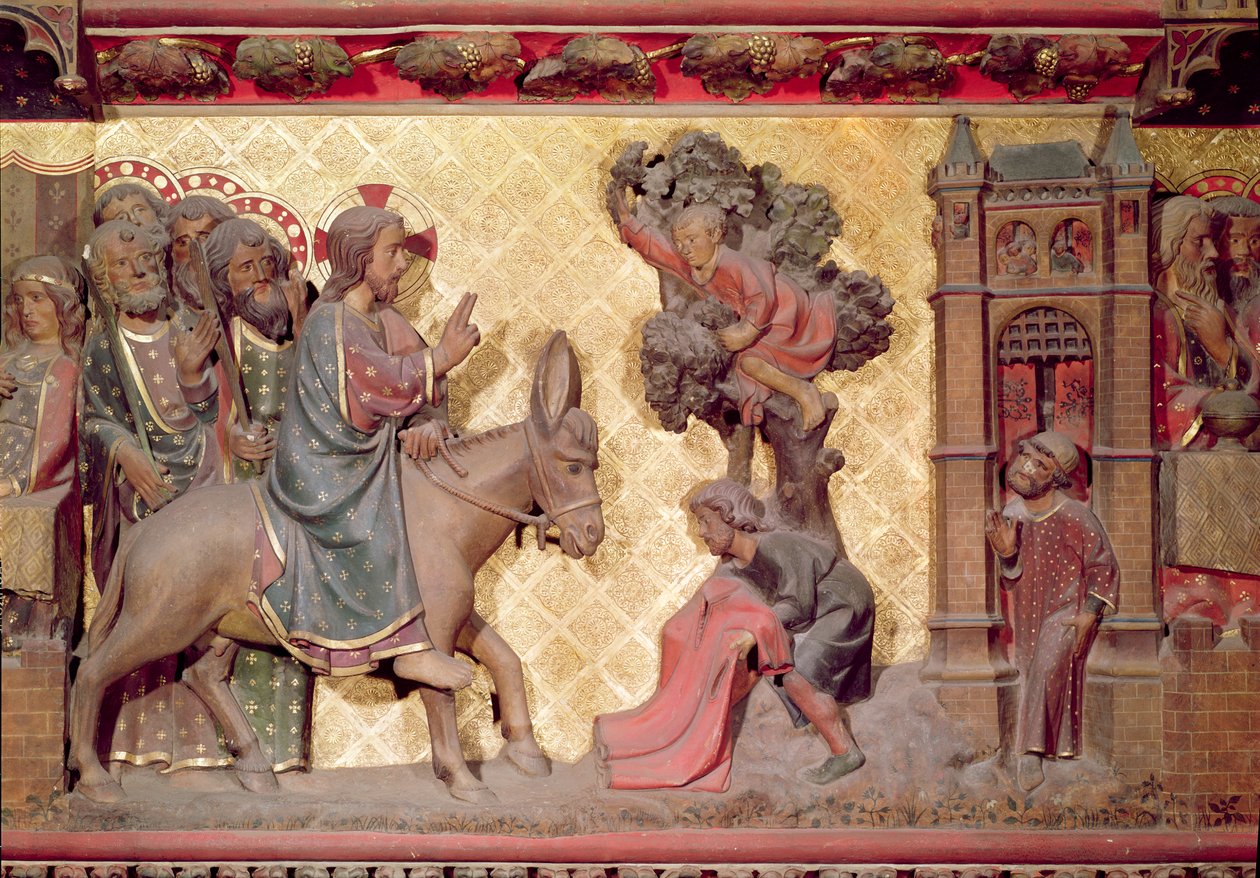 Detalje af Kristi indtog i Jerusalem, 1340-51 malet sten af Jean and Jean Le Boutellier Ravy
