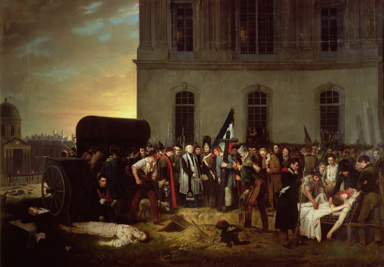 Begravelse af julirevolutionens ofre foran Louvres søjlegang, 30. juli 1830 af Jean Alphonse Roehn