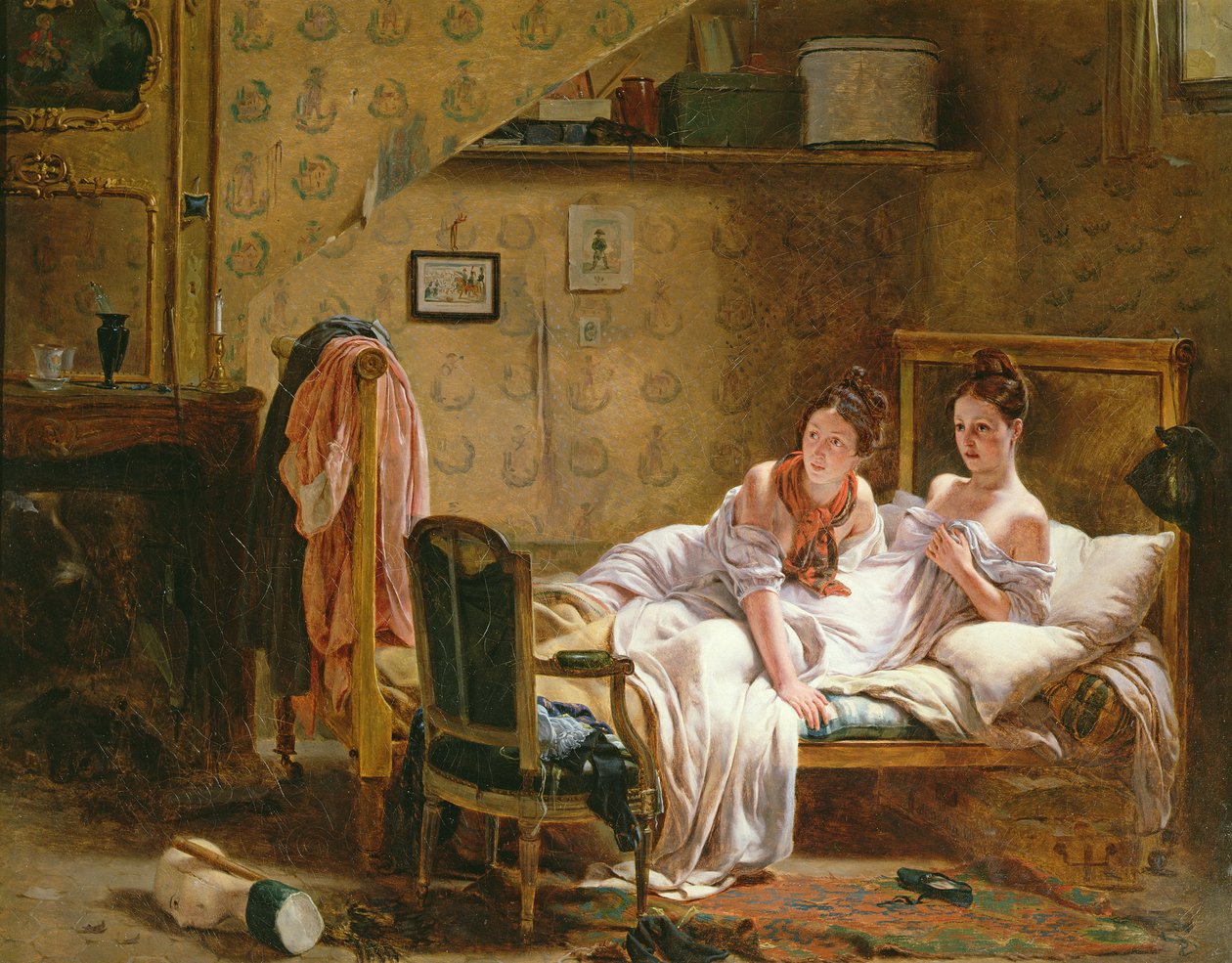 To kvinder i en seng forstyrret af en kat af Jean Alphonse Roehn