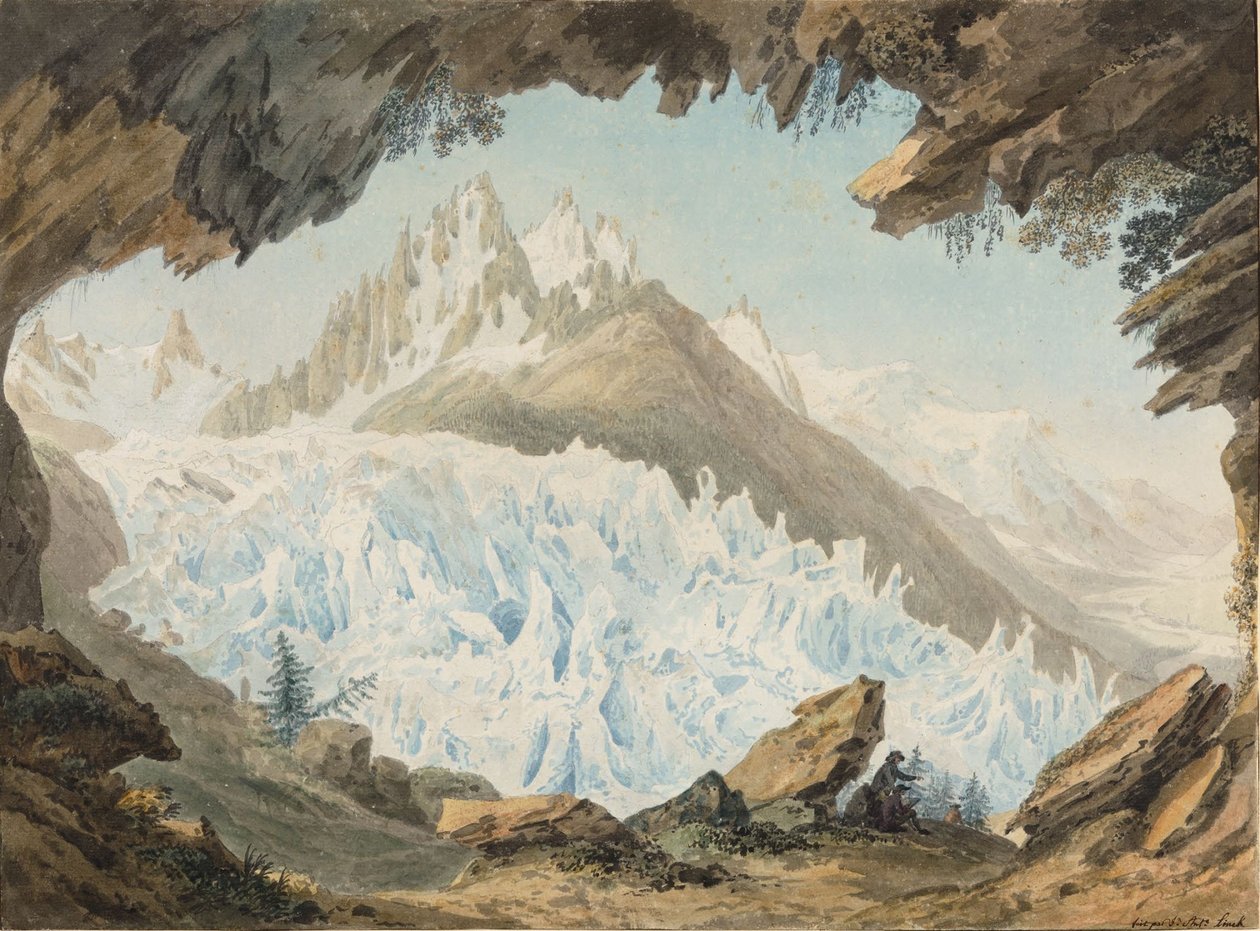 Kunstner tegning fra hvælving kaldet Chapeau, Glacier des Bois og nåle i Charmoz af Jean Antoine Linck