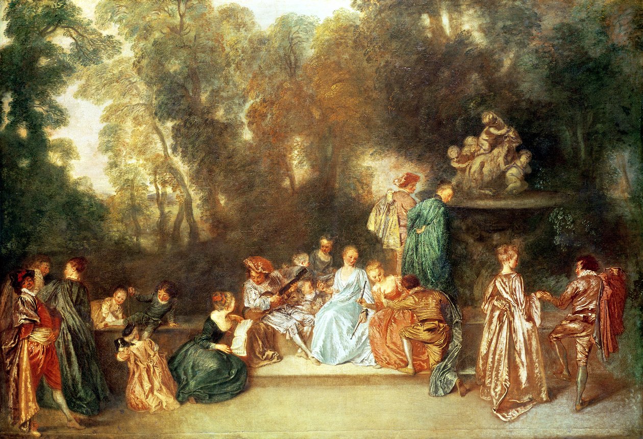 Fete galante med guitarist og en skulptur af putti, der spiller med en vædder, ca. 1717-19 af Jean Antoine Watteau