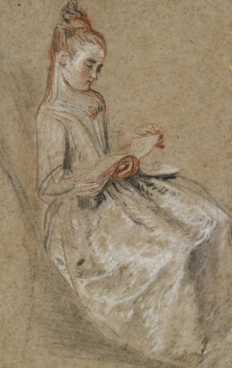 Pige siddende med en musikbog på skødet (sort, rød og hvid kridt på groft struktureret brunt papir) af Jean Antoine Watteau