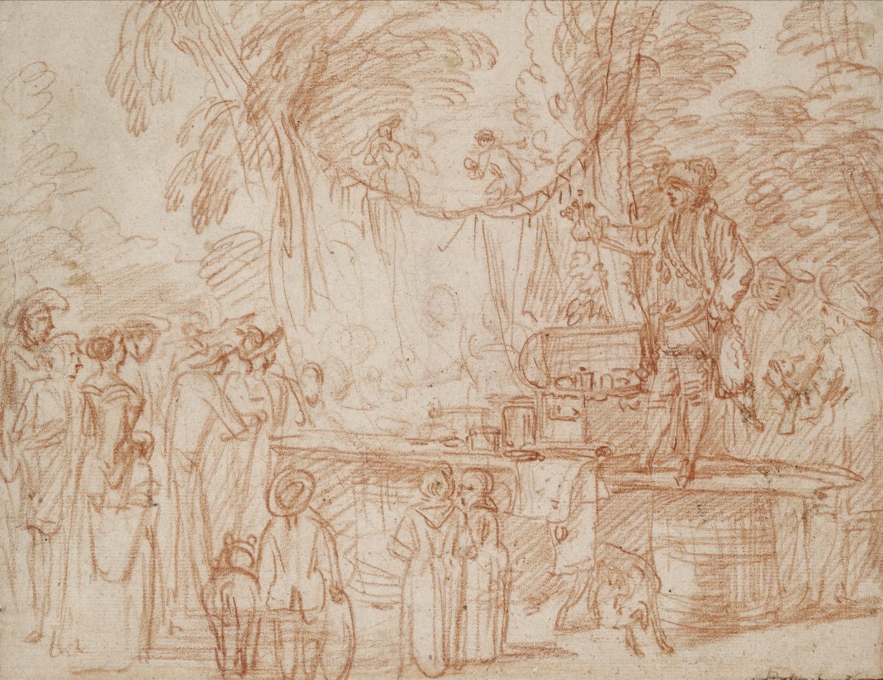 Recto; Quack Doctor sælger sine varer i det fri (rødt kridt på papir) af Jean Antoine Watteau