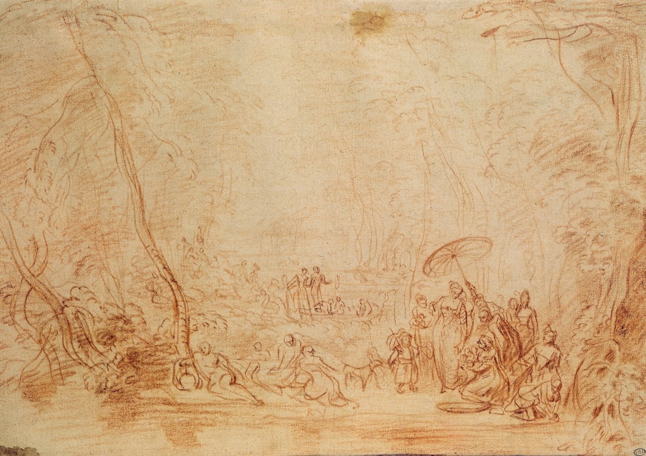 Redning af Moses fra vandet (sangvinsk på papir) af Jean Antoine Watteau