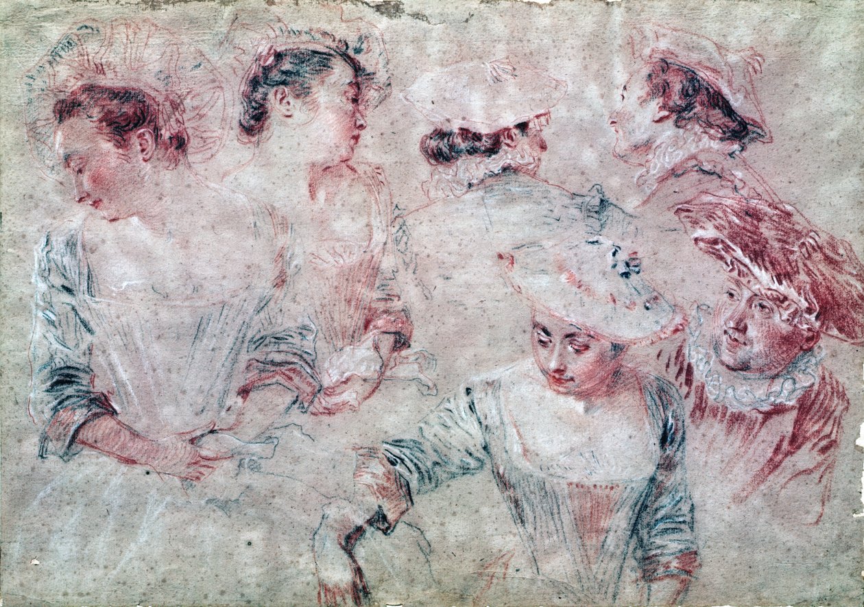 Seks undersøgelser (kul og rødt kridt på papir) af Jean Antoine Watteau