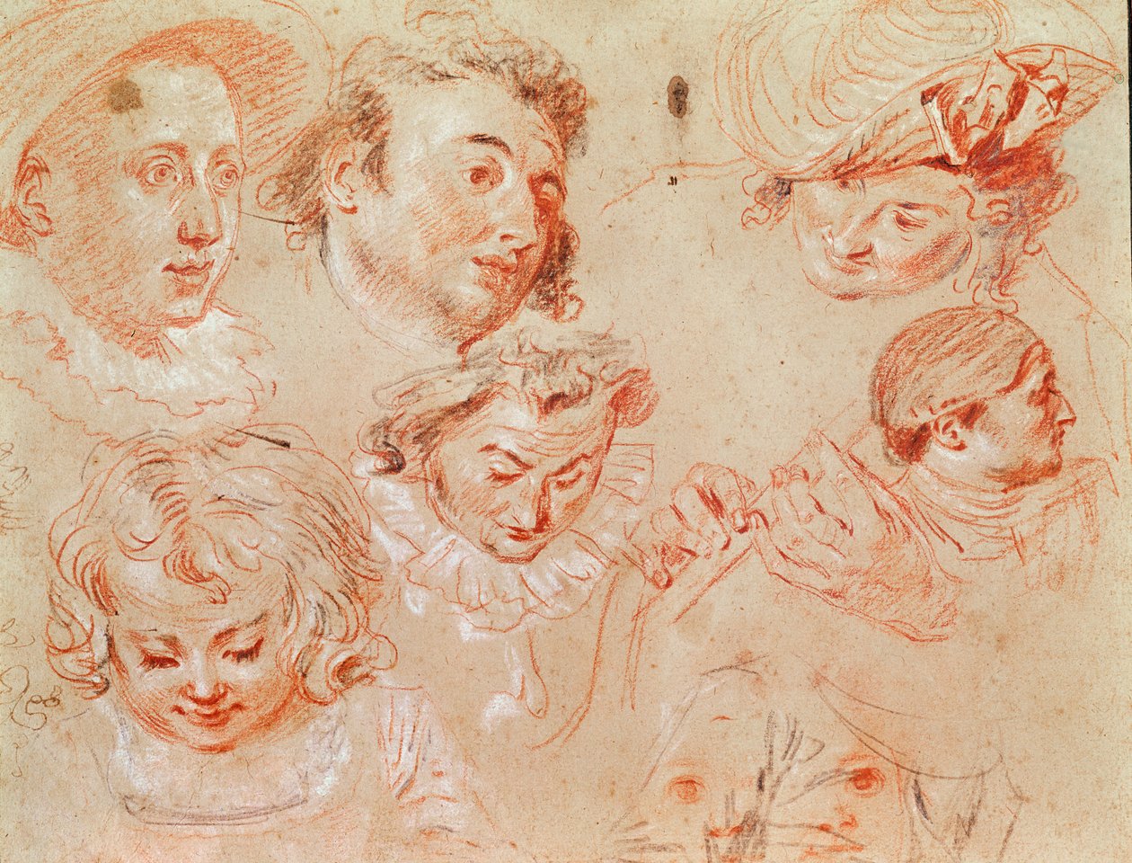 Seks hoveder og to hænder spiller på et musikinstrument (farveblyant med kulhøjdepunkter) af Jean Antoine Watteau