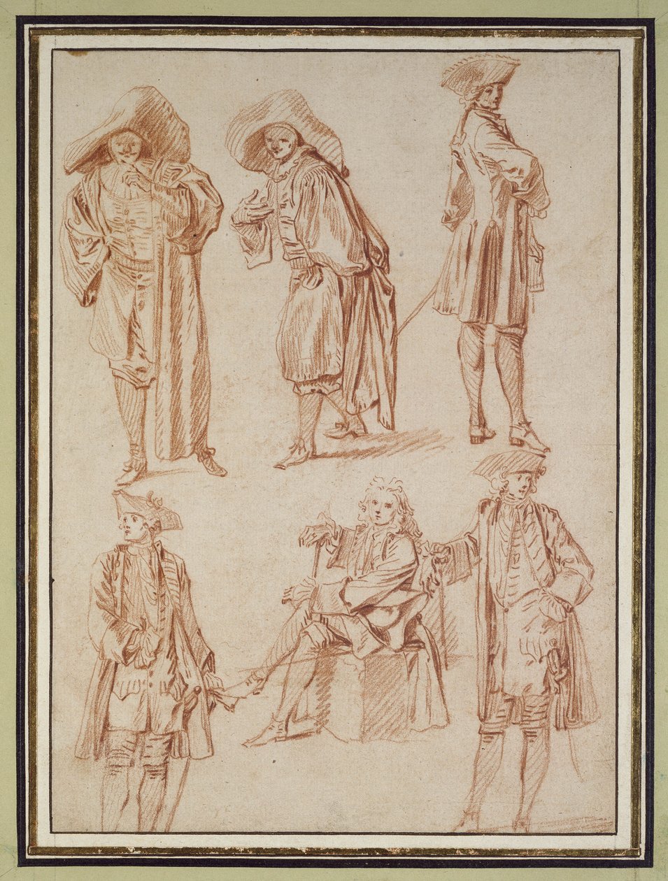 To studier af doktoren i den italienske komedie og fire officerer, tre stående, en siddende (rødt kridt med pen og blæk og vask på papir) af Jean Antoine Watteau
