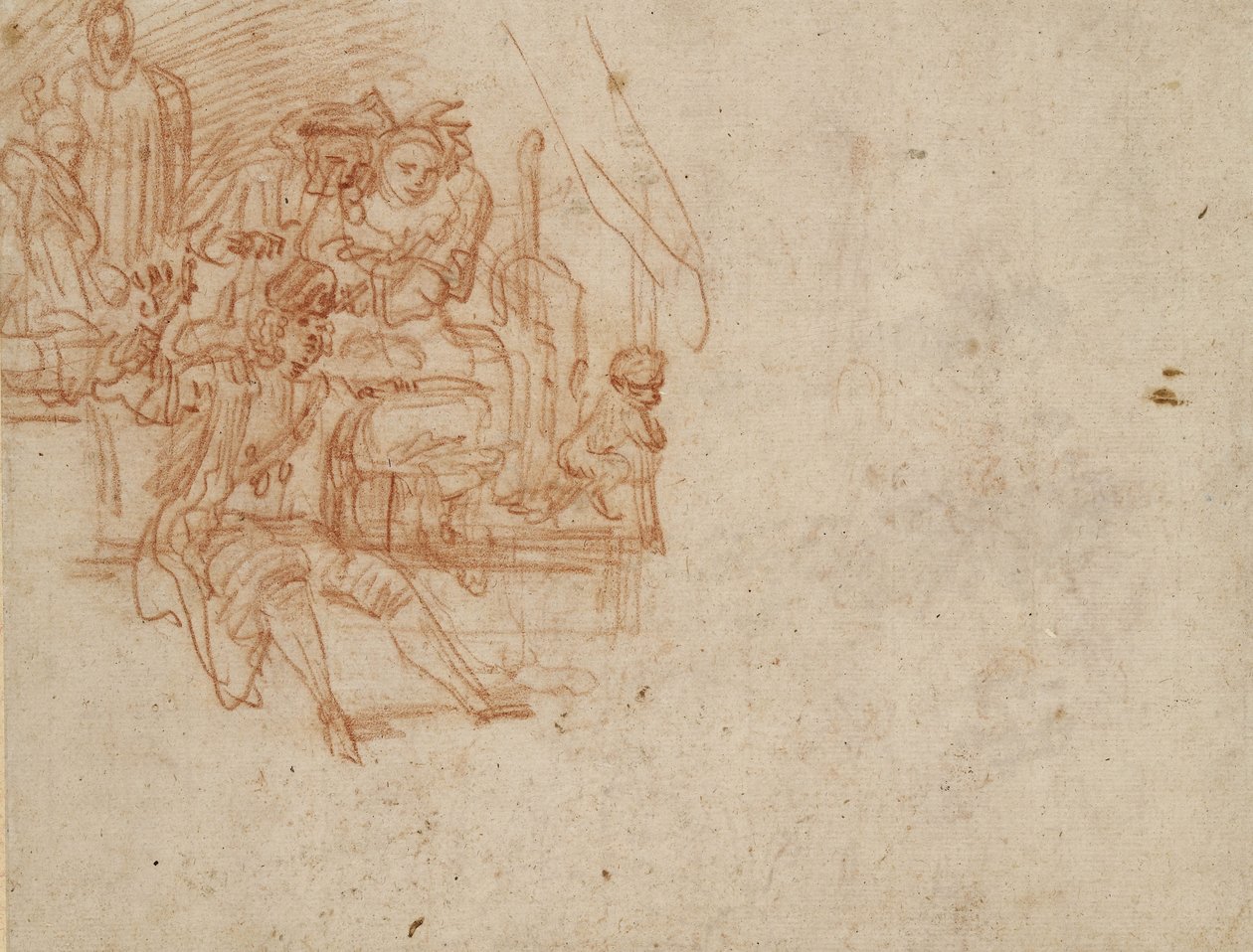 Verso; Quack Doctor sad på scenen og solgte sine varer (rødt kridt på papir) af Jean Antoine Watteau
