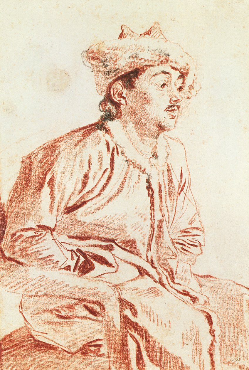Ung mand i orientalsk klædedragt (tegning) af Jean Antoine Watteau