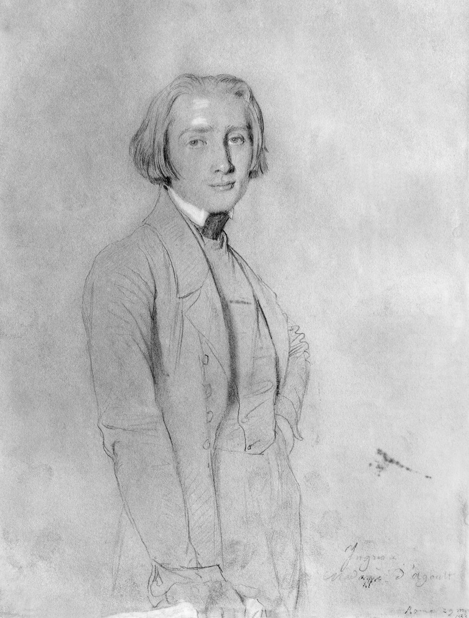 Franz Liszt (1811-86) Rom, 29. maj 1839 (grafit og hvide højlys på papir) af Jean Auguste Dominique Ingres