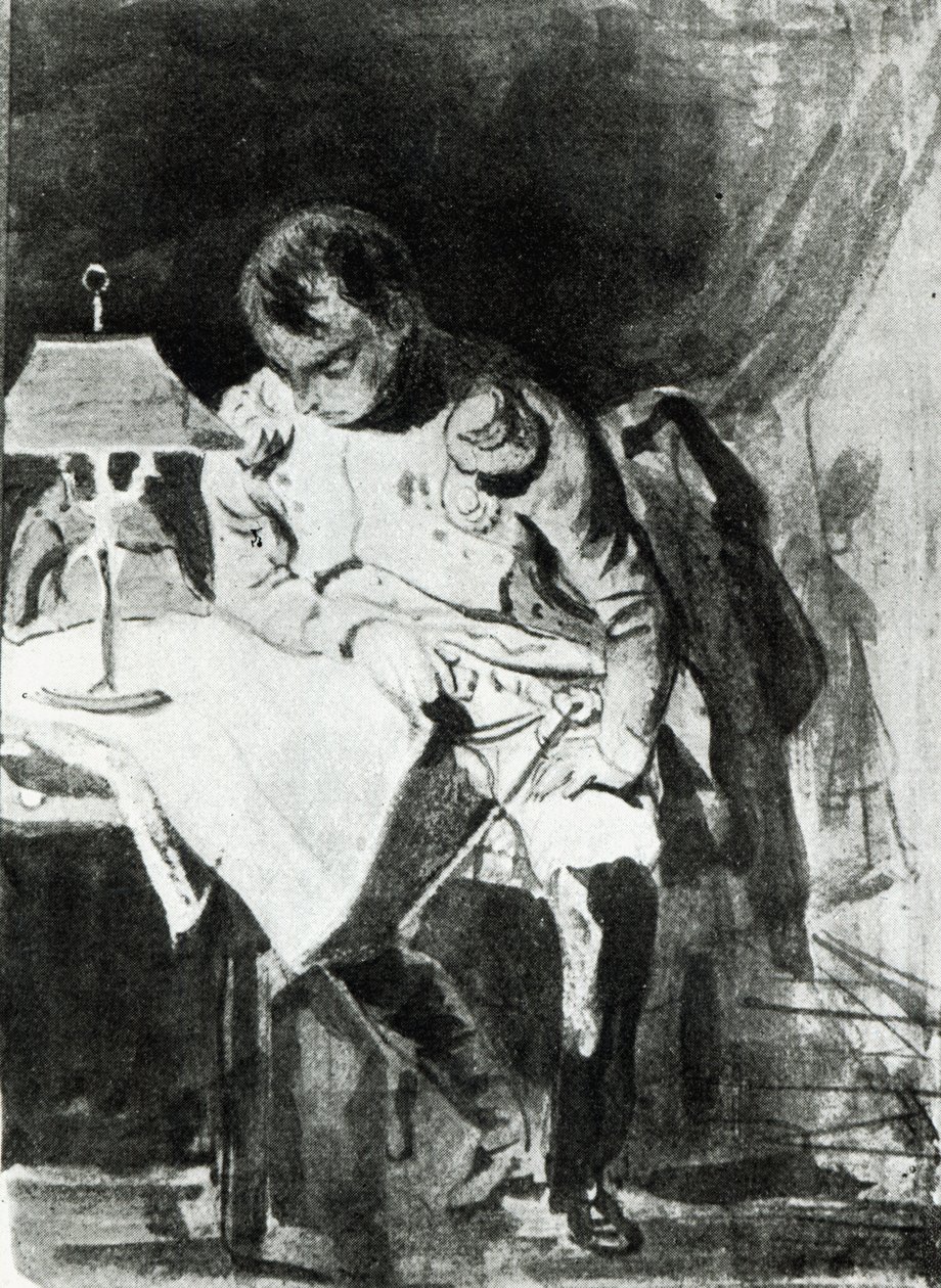 Napoleon studerer sine kort ved lampelys, ca. 1800 (indisk blæk) af Jean Auguste Dominique Ingres