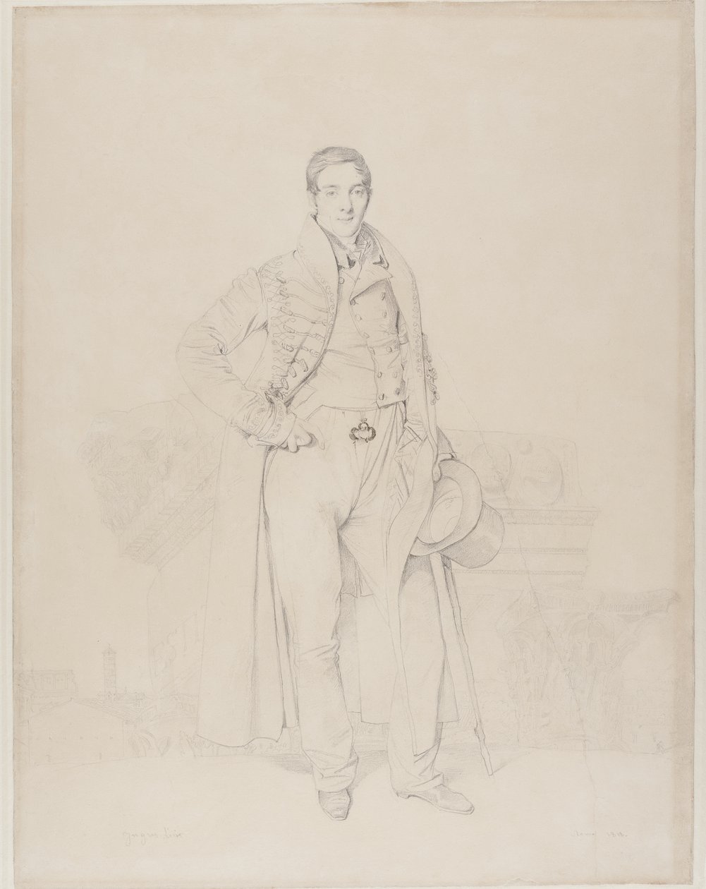 Portræt af arkitekten Alexandre Bénard, fuld længde, med fragmenter af klassiske kapitæler, Forum Romanum hinsides, 1818 (grafit & kropsfarve på cremevævet papir) af Jean Auguste Dominique Ingres