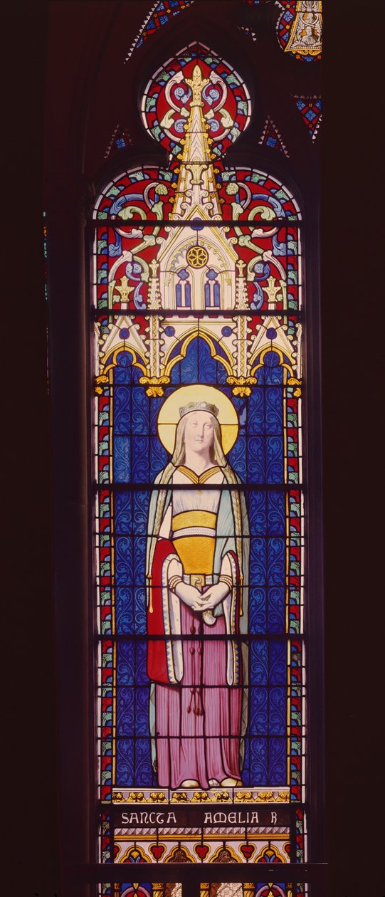 Vindue, der viser Marie-Amelie de Bourbon-Sicile (1782-1866) som St. Amelia, Sevres Workshop (farvet glas) af Jean Auguste Dominique Ingres