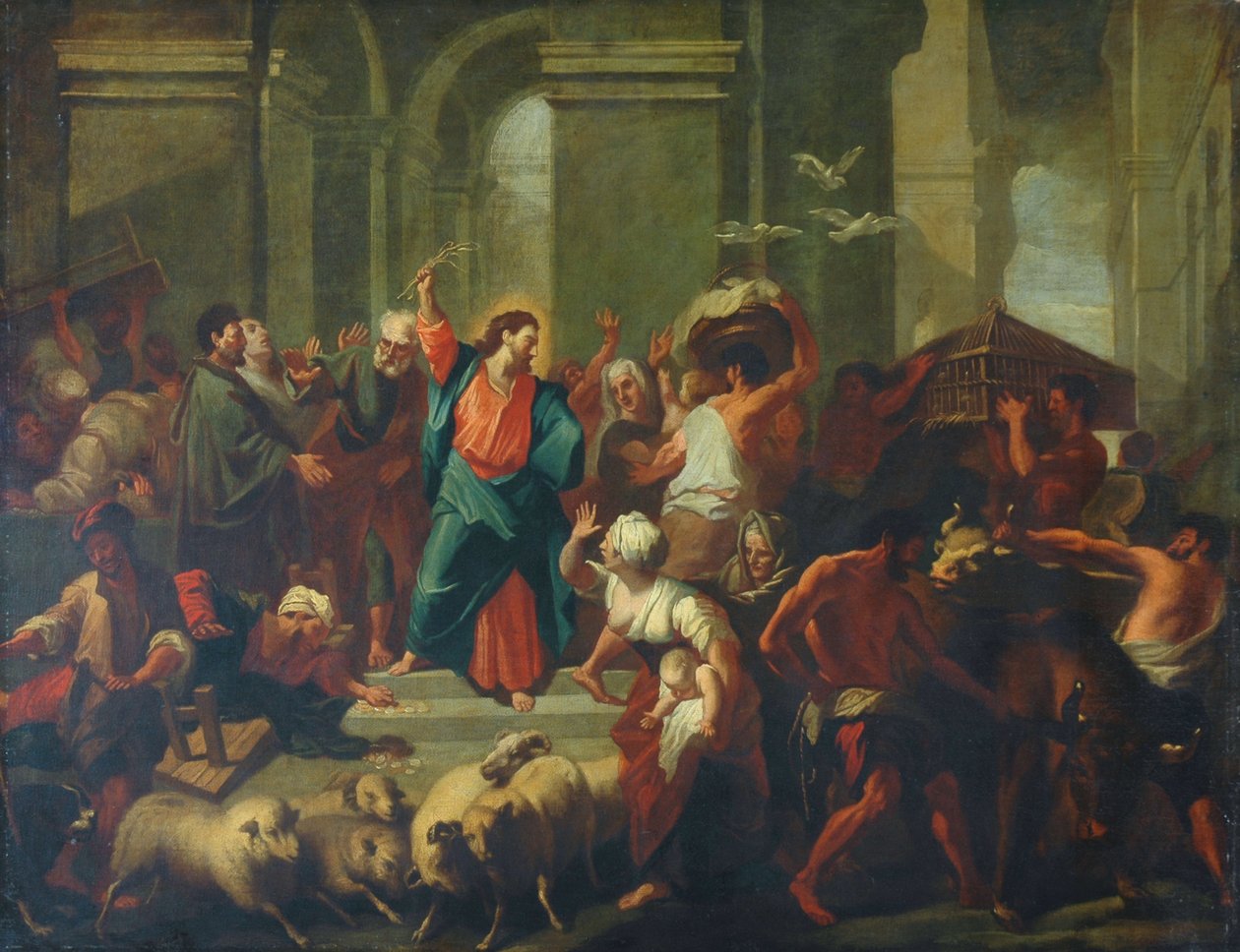 Kristus udstøder sælgerne fra templet (olie på lærred, foret igen af Jean Baptiste  attr. to Jouvenet
