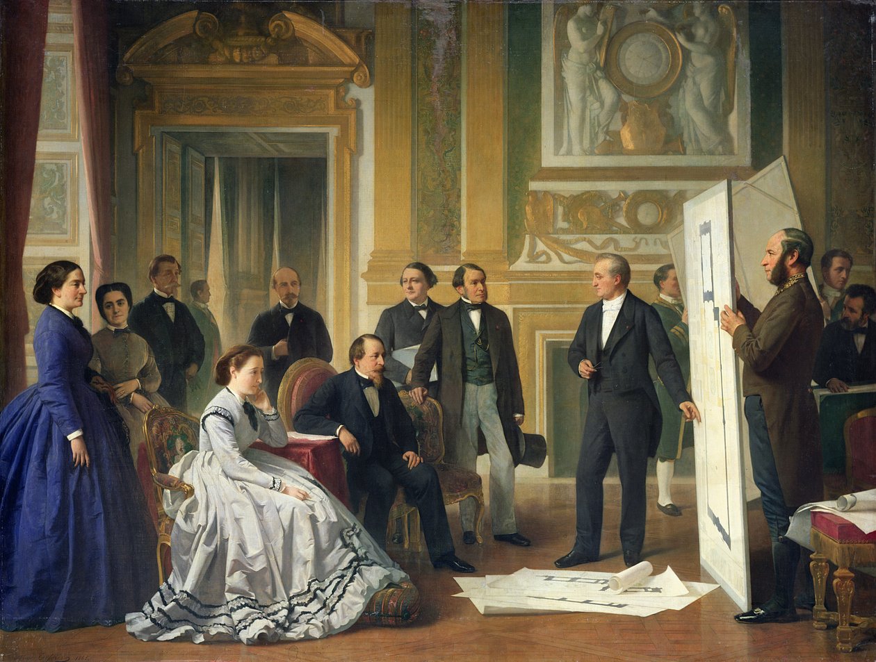 Louis Visconti (1791-1853) præsenterer de nye planer for Louvre for Napoleon III (1808-73) 1853 af Jean Baptiste Ange Tissier