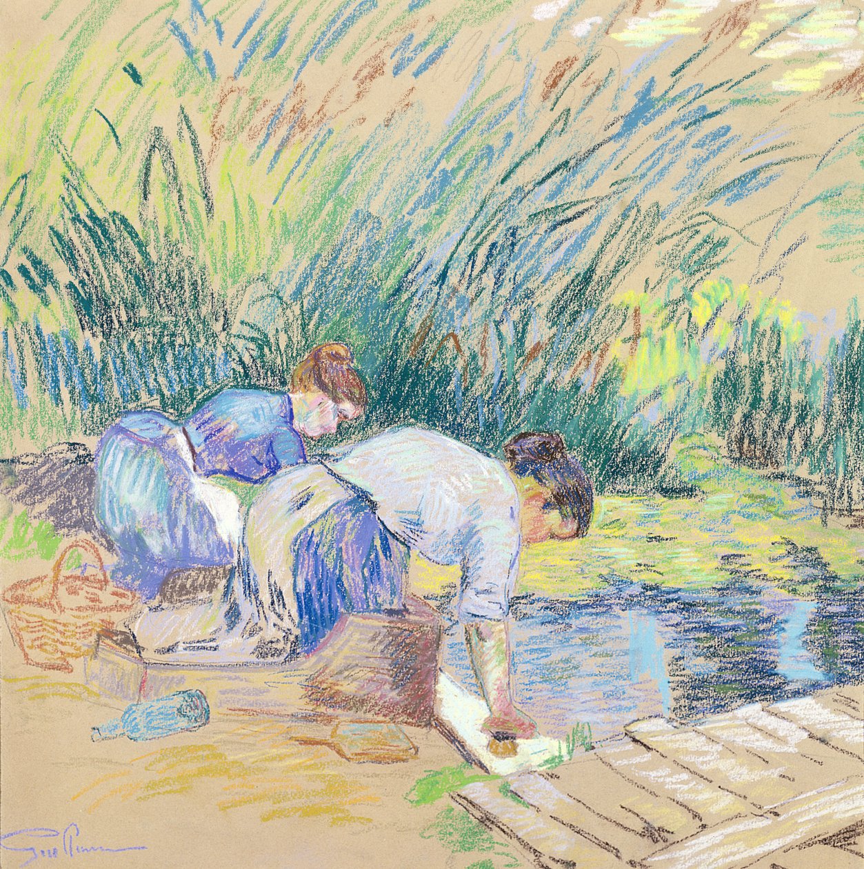 To vaskekoner (pastel på papir) af Jean Baptiste Armand Guillaumin