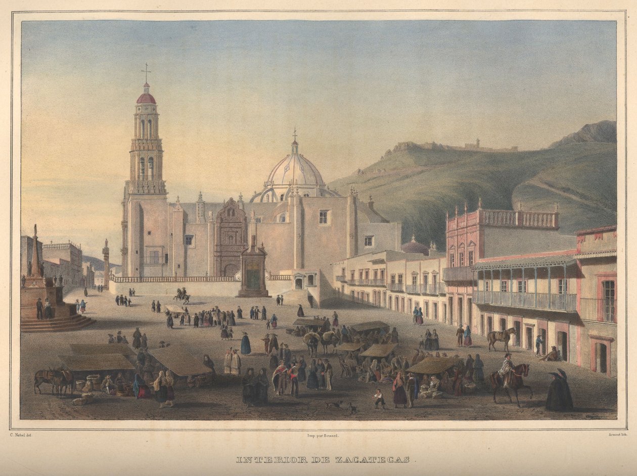 Interior de Zacatecas, udsigt over Zacatecas, Zacatecas. Håndfarvet litografi fremhævet med arabisk tyggegummi. af Jean Baptiste Arnout
