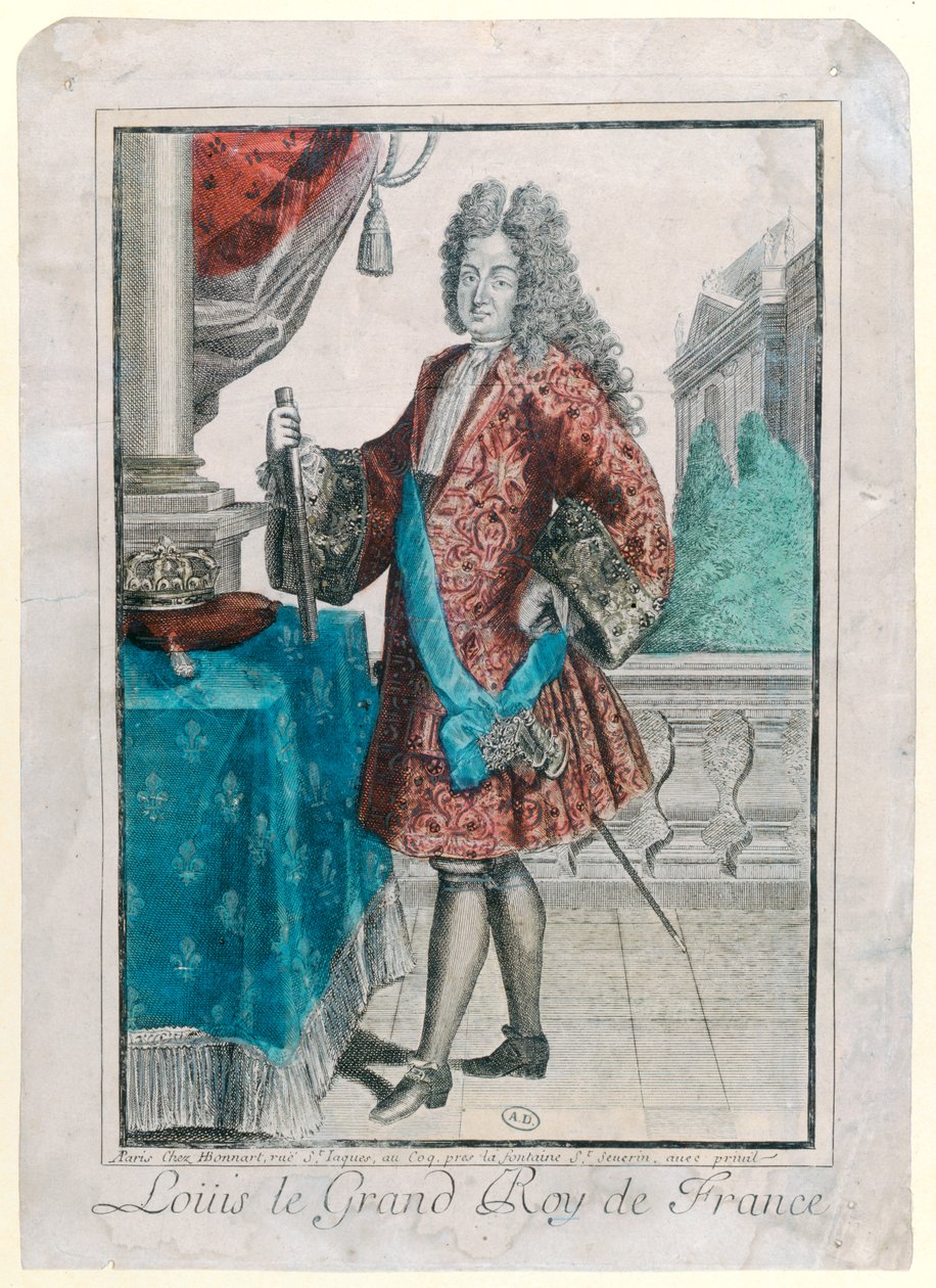 Ludvig XIV (1638-1715) Konge af Frankrig, 1695 (håndkoloreret gravering) af Jean Baptiste Bonnart