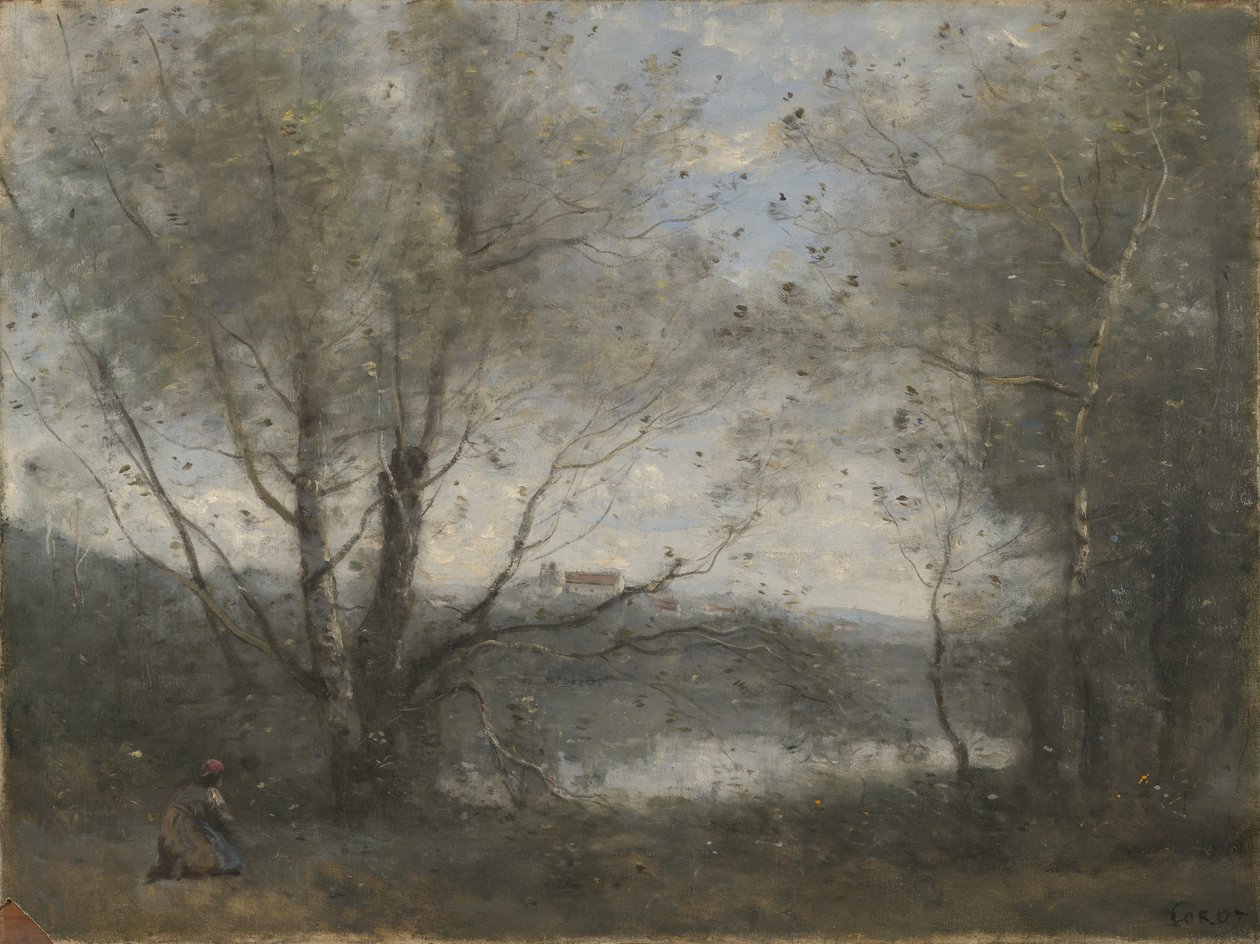 En dam set gennem træerne, ca. 1855-65 af Jean Baptiste Camille Corot