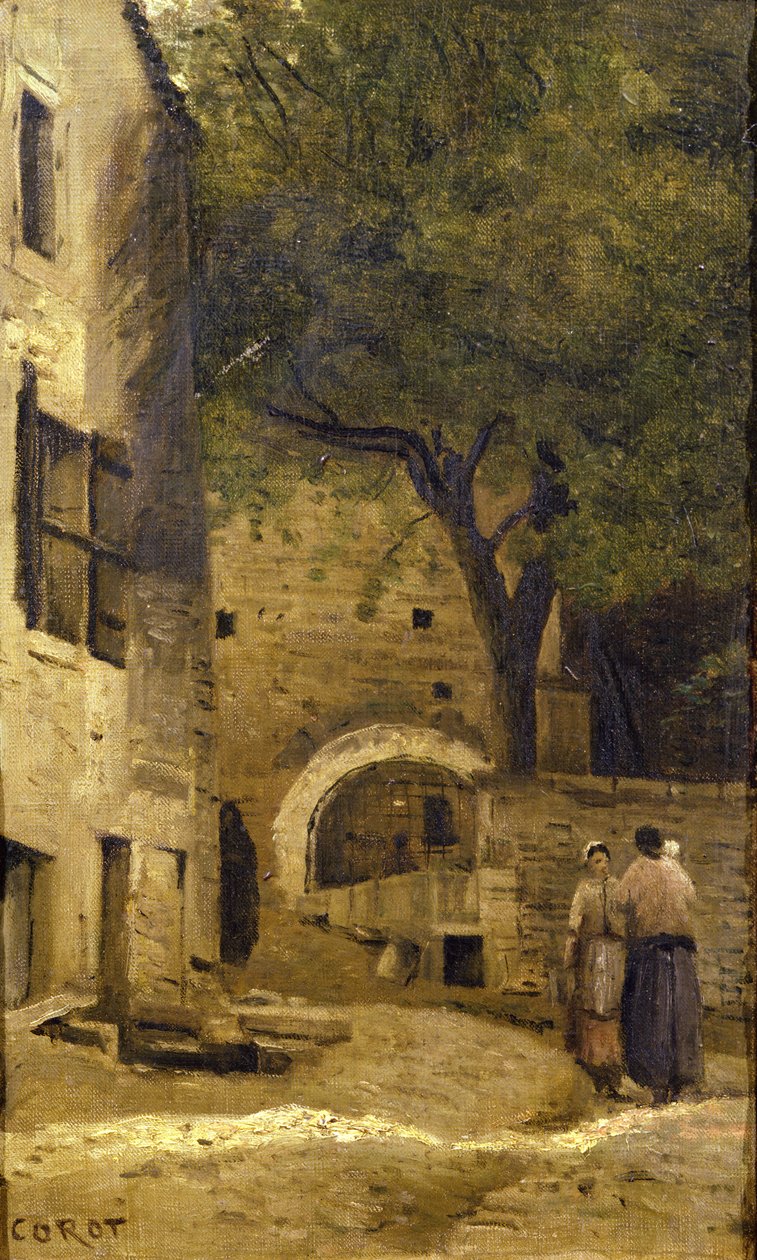 En landsby scene af Jean Baptiste Camille Corot