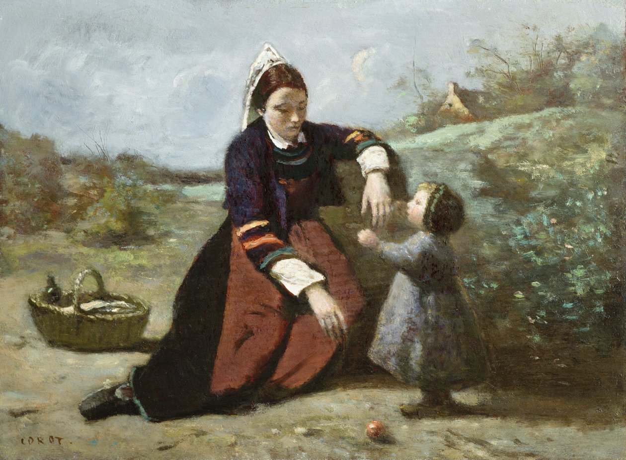 Bretonsk kvinde og hendes lille pige, 1855-65 af Jean Baptiste Camille Corot