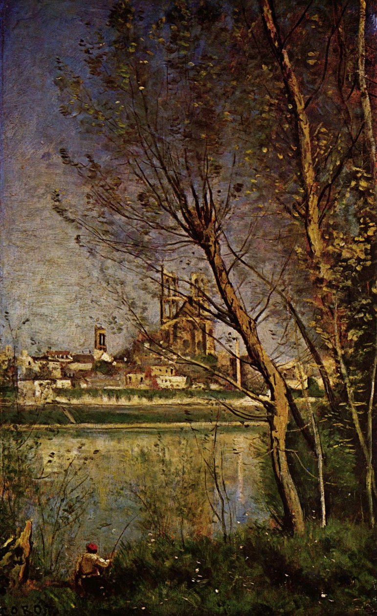 Katedralen i Mantes, med fisker af Jean Baptiste Camille Corot