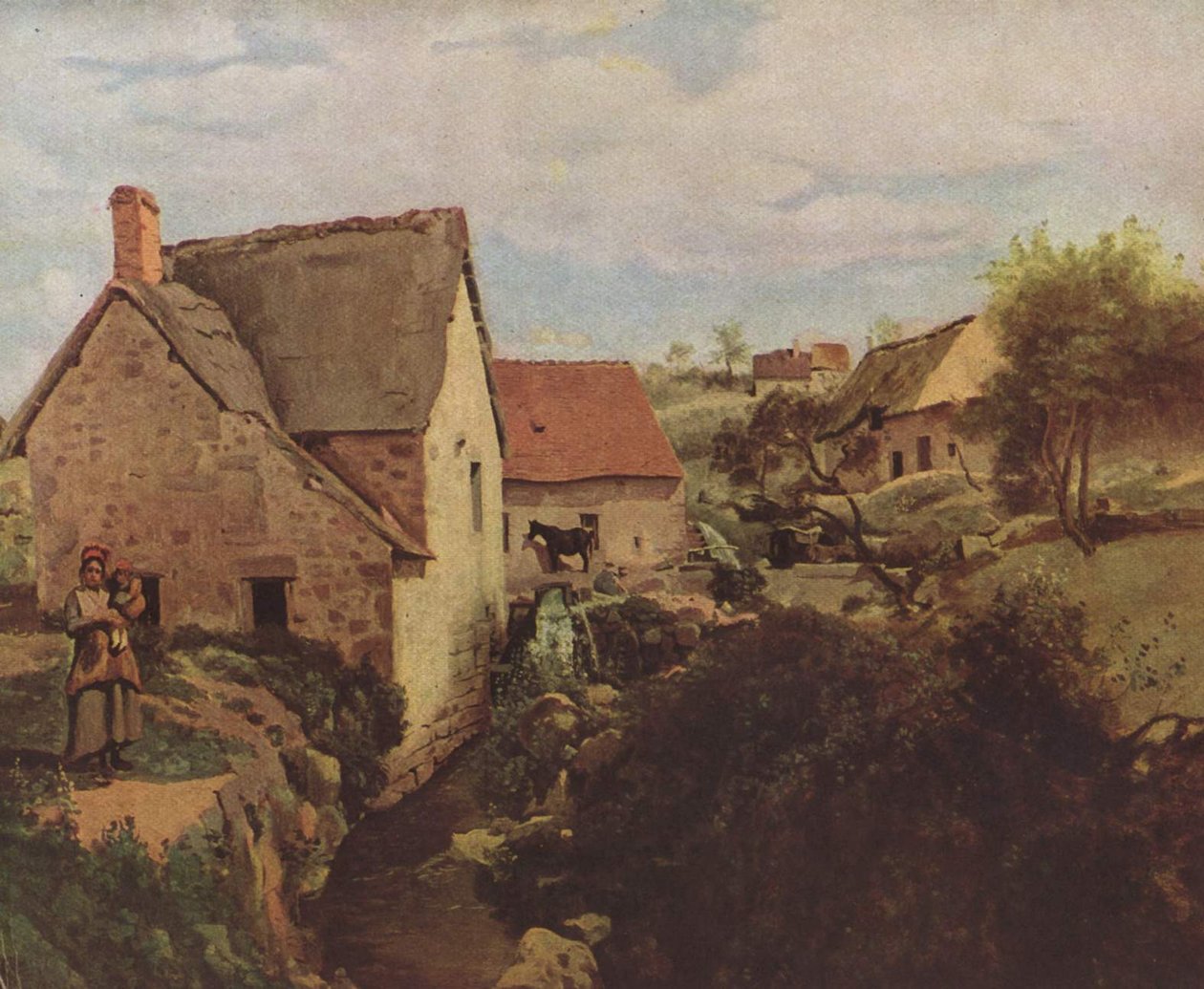 Hytter og en mølle ved bredden af en bæk af Jean Baptiste Camille Corot