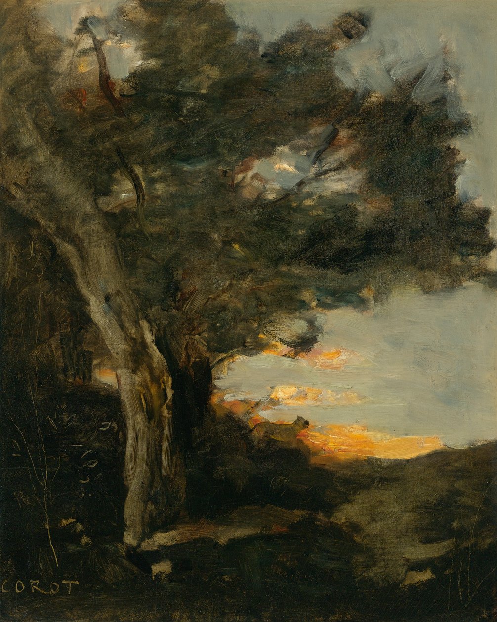 Solnedgang med en løvinde af Jean Baptiste Camille Corot