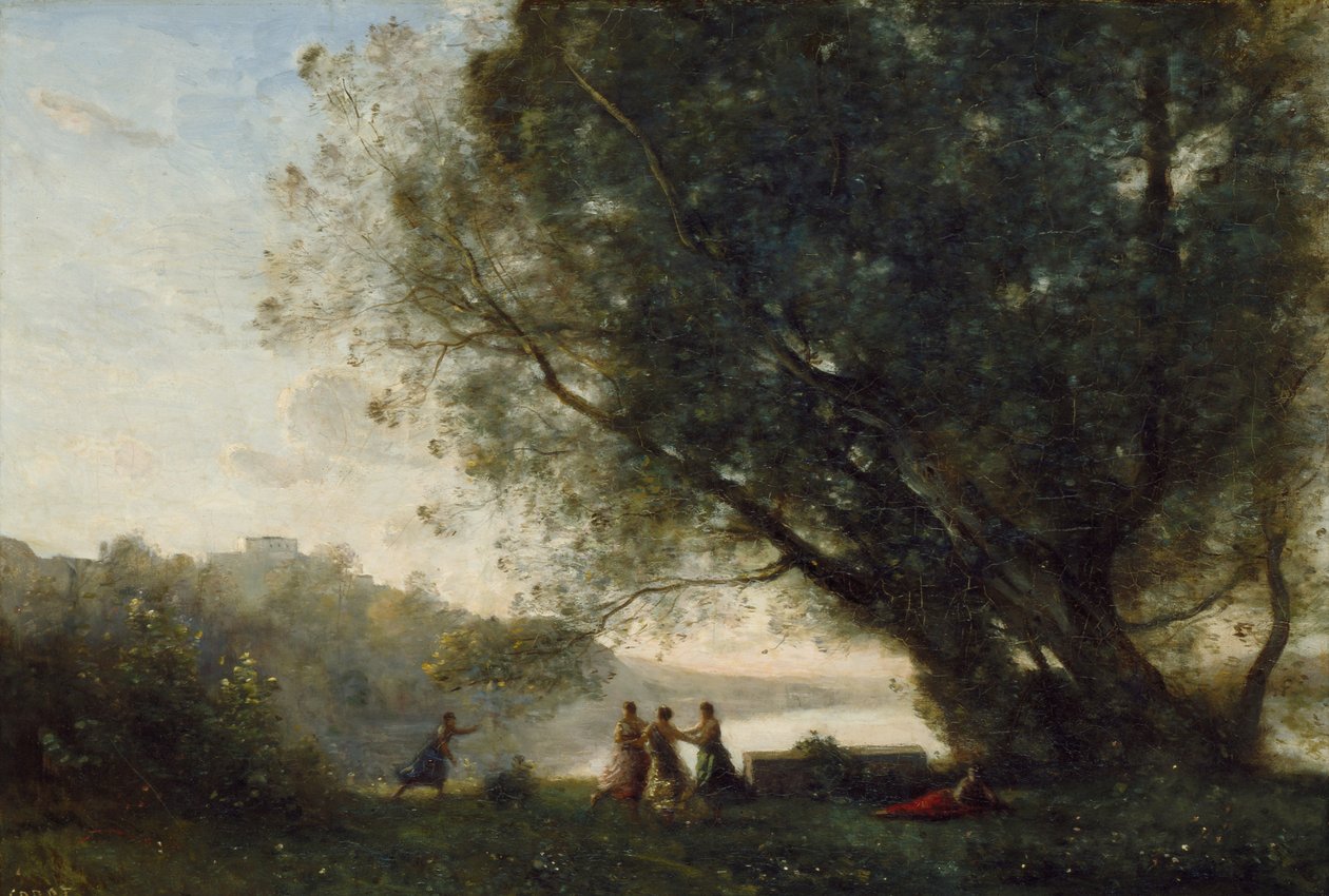 Dans under træerne ved kanten af søen, 1865-70 af Jean Baptiste Camille Corot