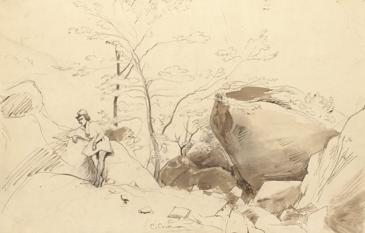 Fontainebleau, Figur, der læner sig op ad en sten af Jean Baptiste Camille Corot