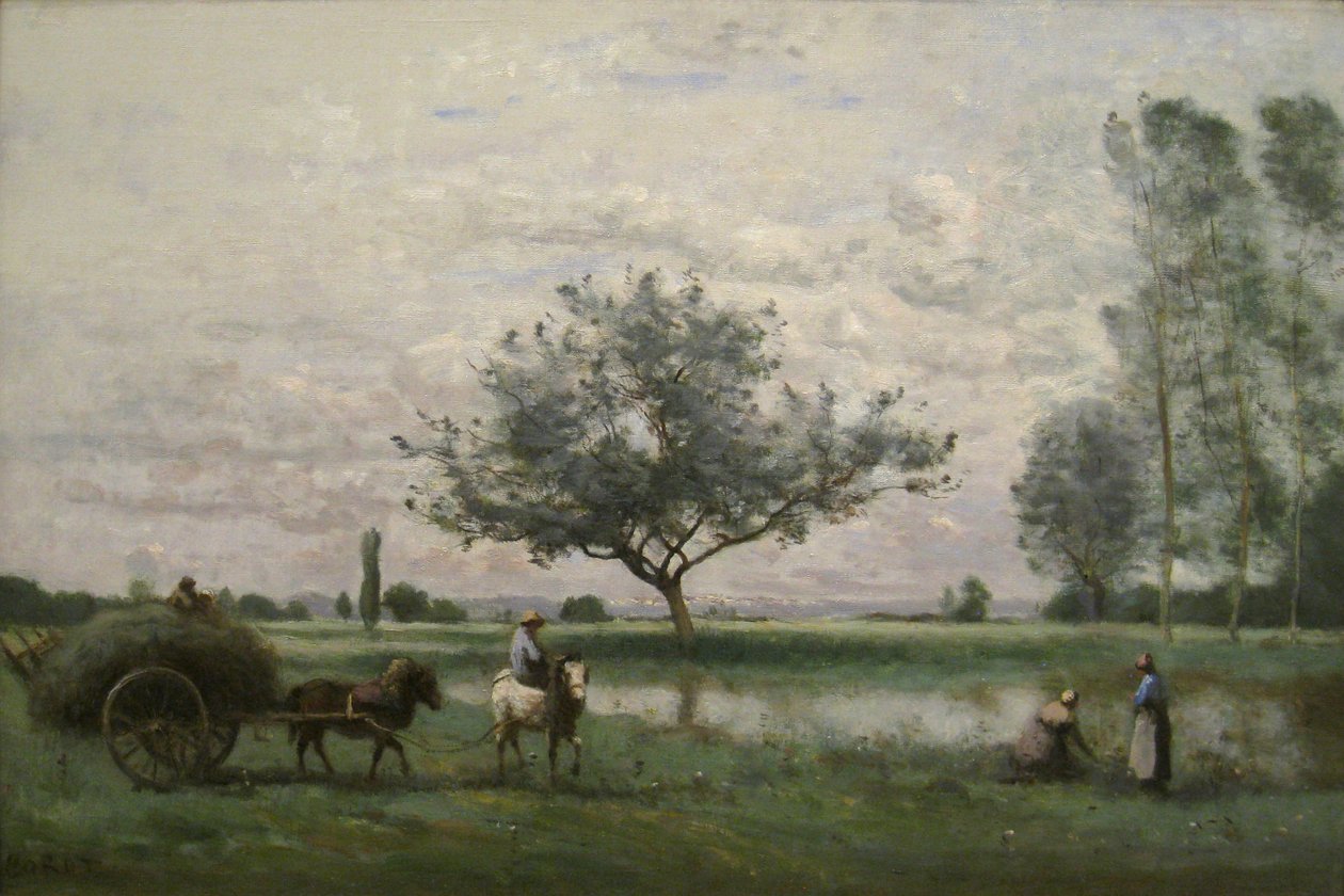 Hovvogn langs en flod af Jean Baptiste Camille Corot