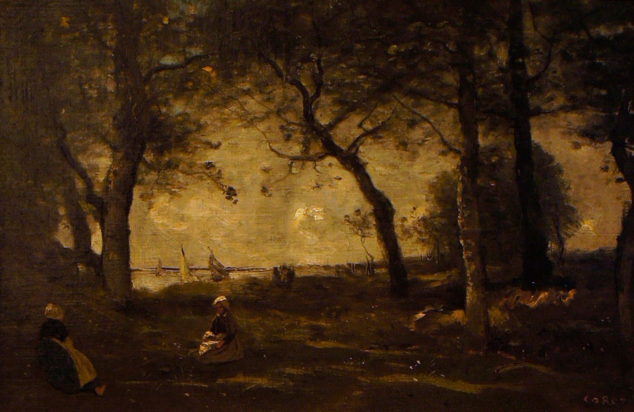 Honfleur havet bag træerne af Jean Baptiste Camille Corot
