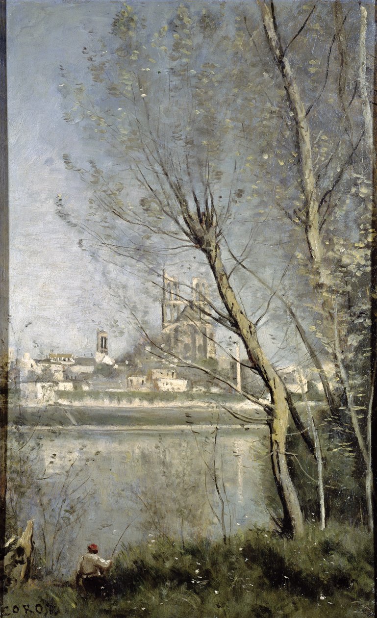 Mantes, Udsigt over katedralen og byen gennem træerne, c.1865-70 af Jean Baptiste Camille Corot