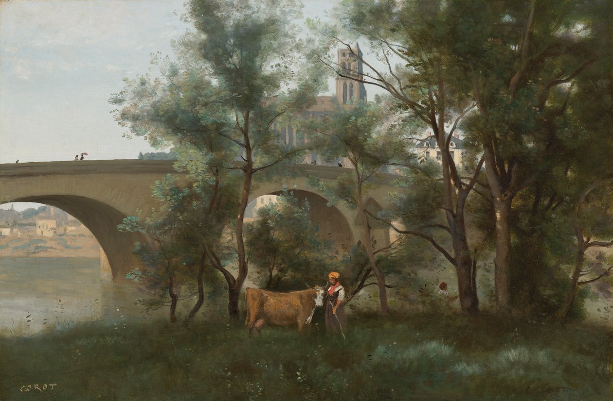 Mantes, bredden af Seinen ved foden af broen af Jean Baptiste Camille Corot