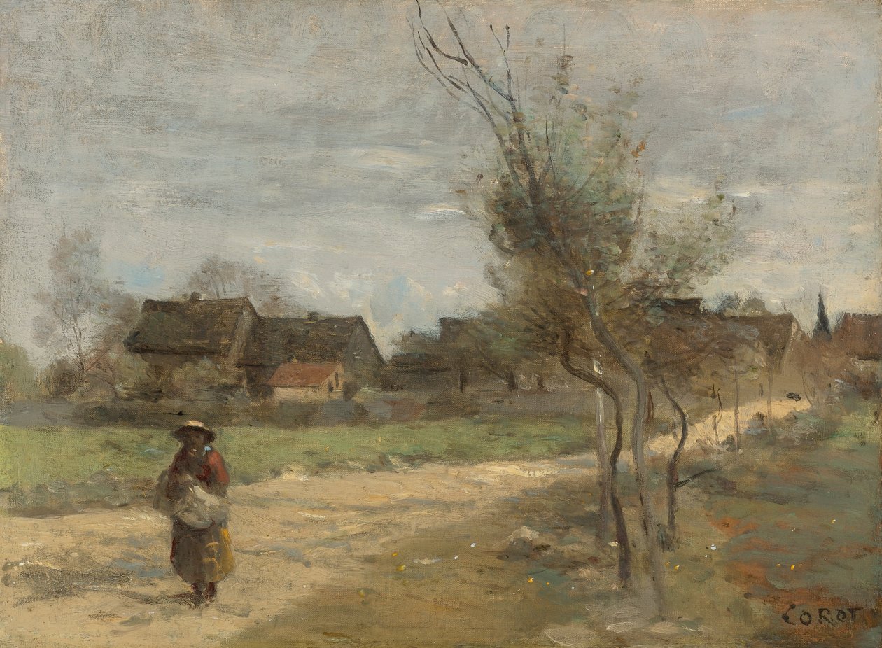 Bondekvinde på en vej i nærheden af en landsby af Jean Baptiste Camille Corot