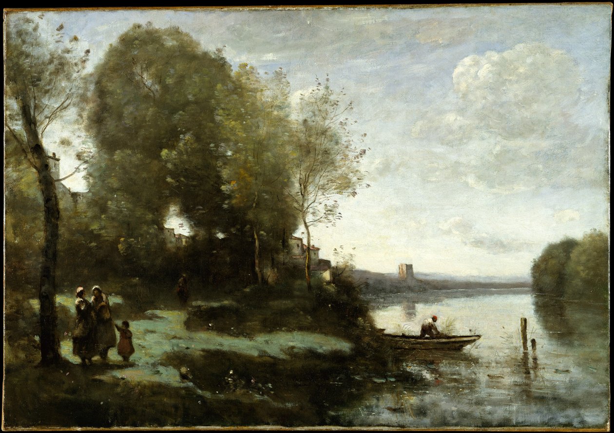 Flod med et fjernt tårn af Jean Baptiste Camille Corot