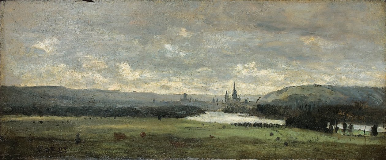 Rouen, panoramaudsigt med Seinen i forgrunden af Jean Baptiste Camille Corot