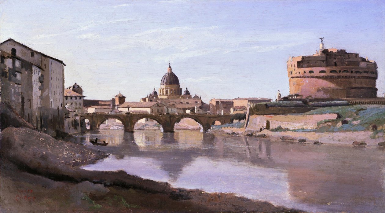 Broen og Castel SantAngelo med kuplen af St. Peters af Jean Baptiste Camille Corot